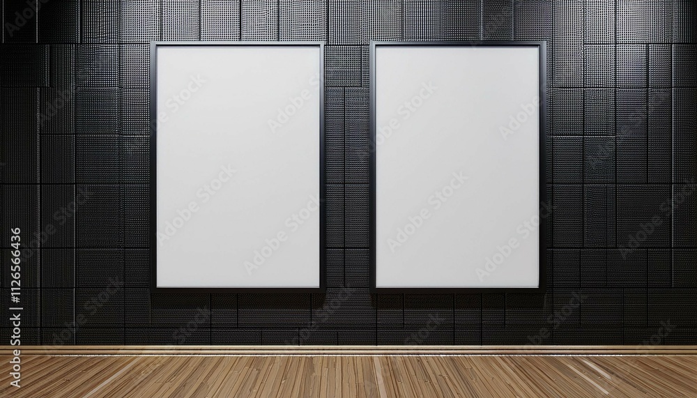Poster two vertical empty poster frames on a black tiled wall with wooden floor 3d rendering