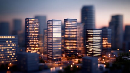 Obraz premium Mesmerizing Cityscape at Dusk: Vibrant Skyscrapers Aglow in the Twilight