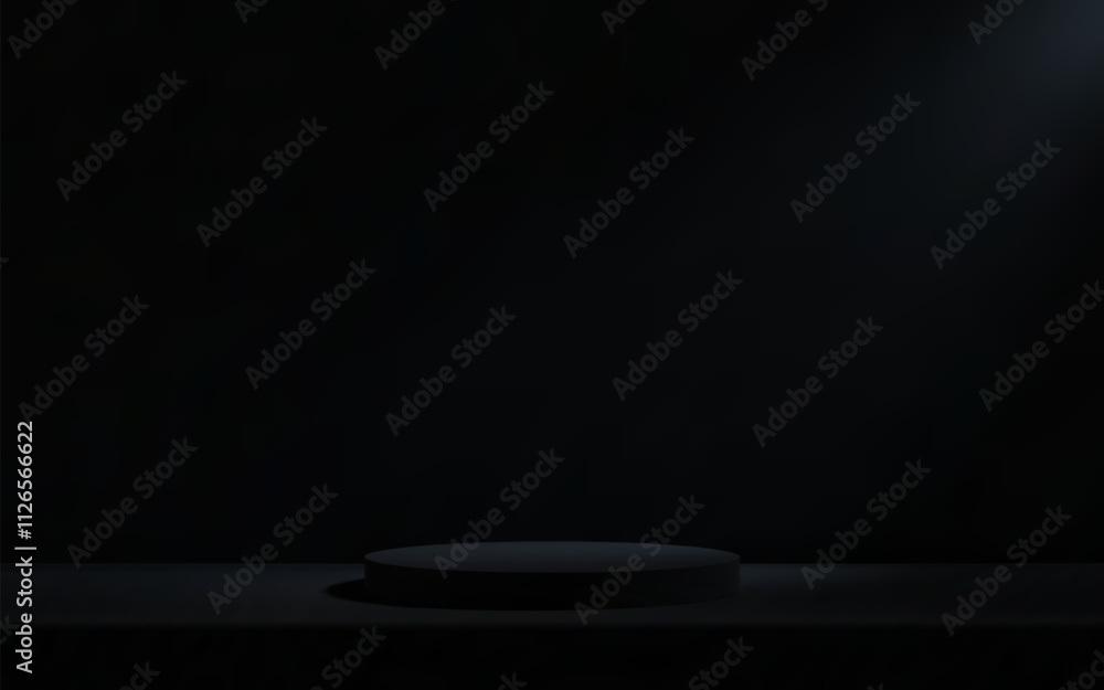 Poster 3d podium in black empty room with table. background studio scene with platform for product presenta