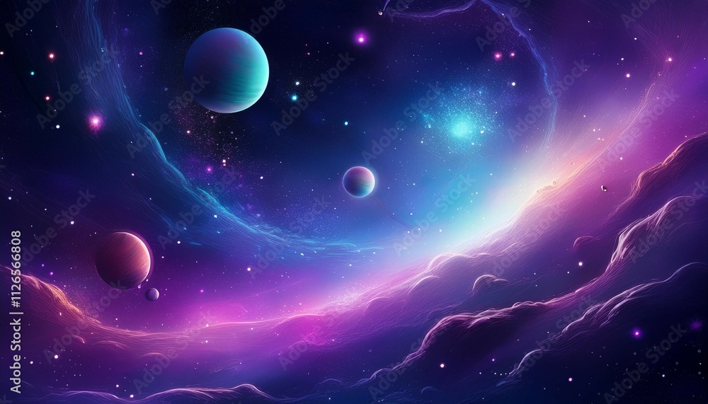 Aufkleber abstract galaxy with small floating planets in a serene bluish purple nebula creating a calm space s