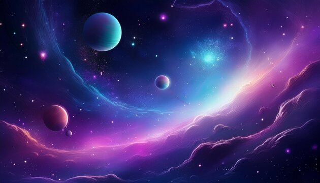 abstract galaxy with small floating planets in a serene bluish purple nebula creating a calm space scene