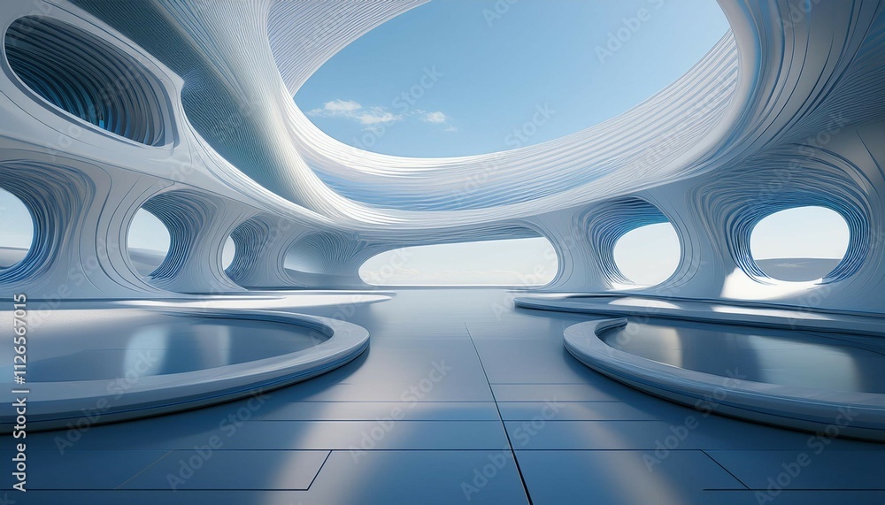 Poster futuristic abstract architecture with curved walls and blue floor 3d rendering