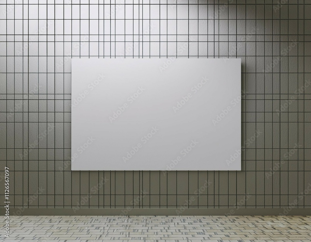 Poster blank canvas on tiled wall in modern empty room with light tiles 3d rendering