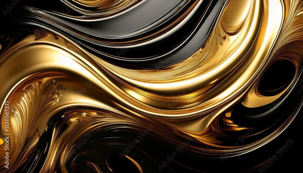 Poster glossy gold and black liquid texture with swirling patterns creating a luxurious abstract metallic e