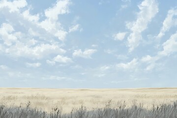 A serene landscape featuring a vast field under a blue sky with scattered clouds.