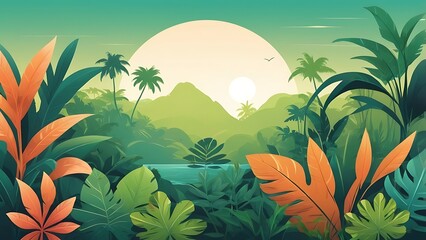 Lush Tropical Landscape With Palm Trees And Mountains