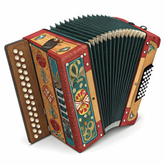 A vibrant accordion with detailed bellows and colorful keys
