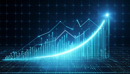 market growth concept with bright glowing digital rising candlestick and diagram on dark technological background 3d rendering
