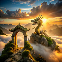 A majestic dragon winding through a serene lotus pond and river