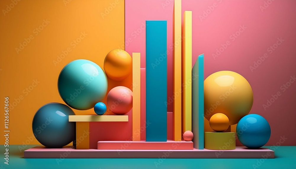 Poster abstract composition with stacked bars and spheres in vibrant colors creating a structured and layer