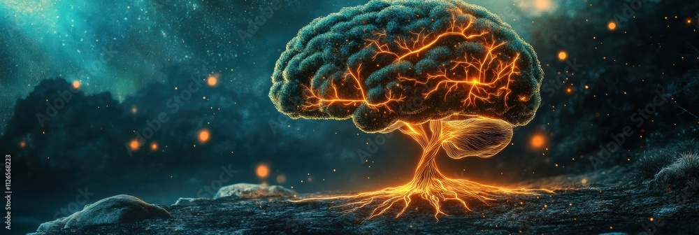 Poster a brain evolves into a tree with luminous branches and roots, symbolizing knowledge and growth, set 