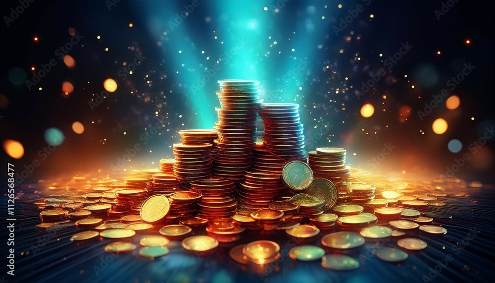 Poster glittering layers of coins surrounded by luminous particles and flowing light creating an enigmatic 