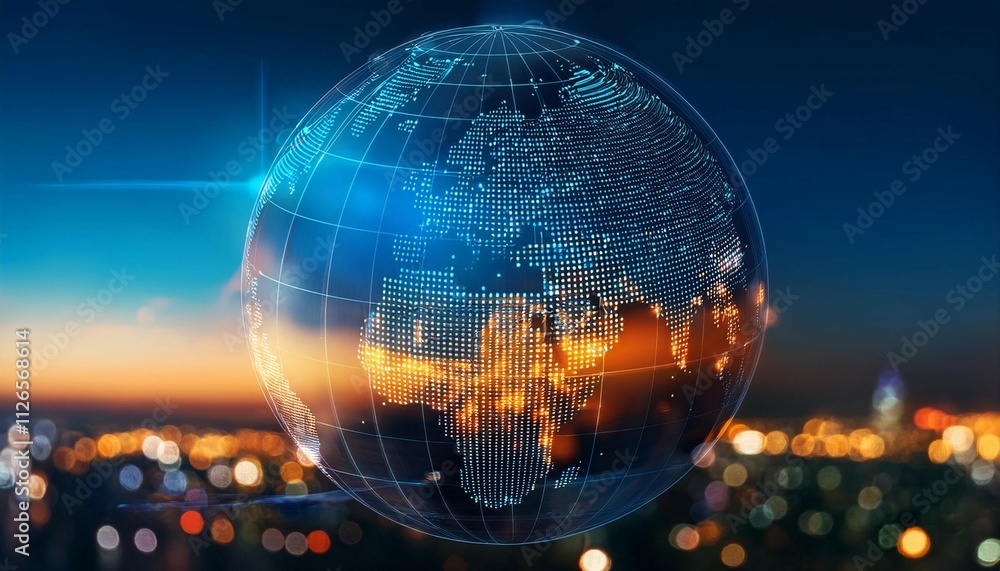 Poster high resolution digital globe showing earth at night with illuminated cities and soft bokeh backgrou