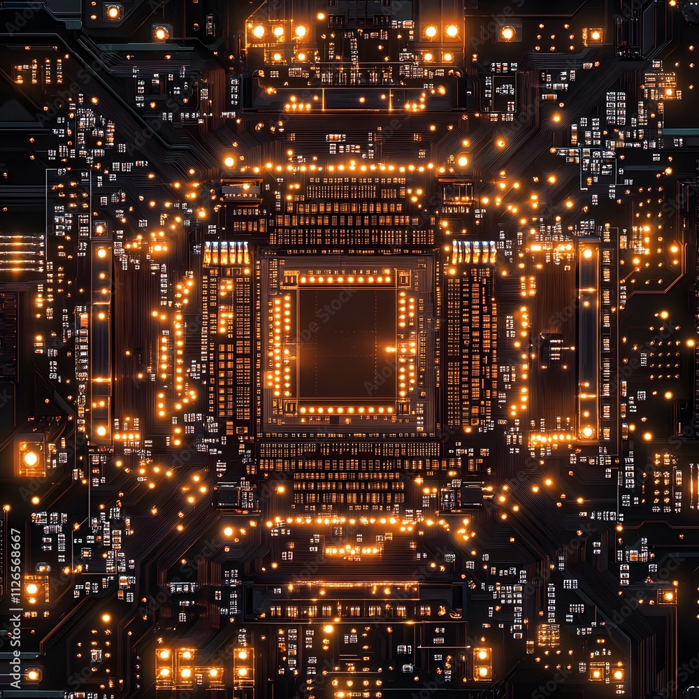 Poster illuminated circuit board shows complex technological design