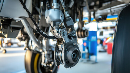 Obraz premium Airplane wheel compartment with mechanical components and hydraulic systems, essential for safe landing and takeoff. Precision engineering and aviation safety concepts.