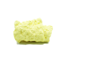 Yellow sulphur or sulfur brimstone  is a chemical element, it has symbol S and atomic number 16. It is abundant, multivalent and nonmetallic. Isolated on white background with copy space