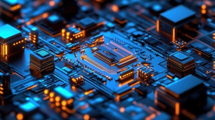 Obraz premium Intricate Digital Circuit Board Landscape in Vibrant Blue and Orange Hues