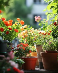 Gardening or working and caring for plants and flowers on the terrace. Watering plants