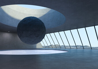 Great view from a modern minimalistic architecture hallway with a floating rock