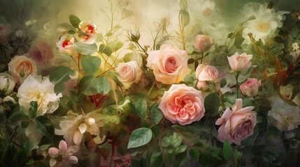 A Lush Garden Of Pastel Roses And Blossoms