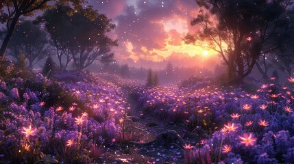 Enchanting sunset over a vibrant flower field with magical lighting and a dreamy atmosphere. Generative AI