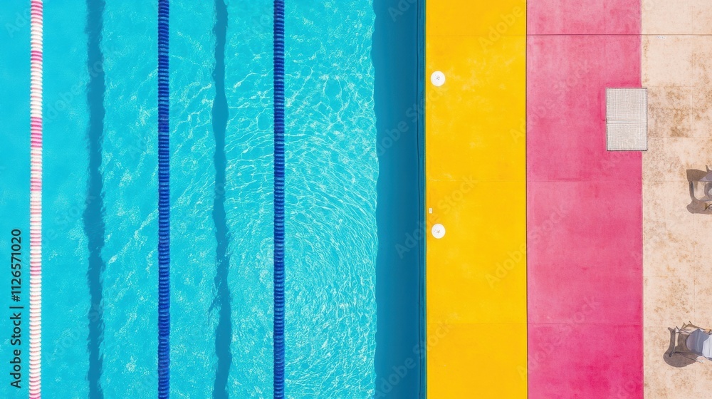 Poster this vibrant swimming pool features clearly marked lanes, surrounded by bright colors, offering a pe