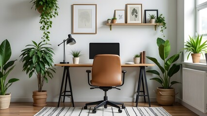 This modern workspace features a sleek desk, computer setup, and indoor plants for an inviting atmosphere