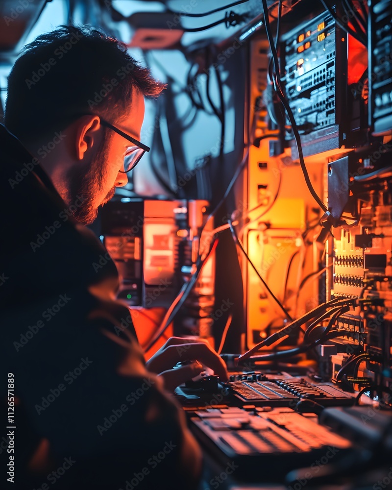 Poster a technician works on computer servers in a dimly lit environment, focusing on maintenance tasks.
