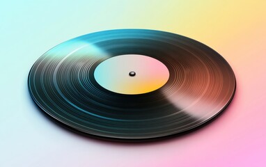 Fototapeta premium A vintage vinyl record with visible grooves close-up on a light colorful background.