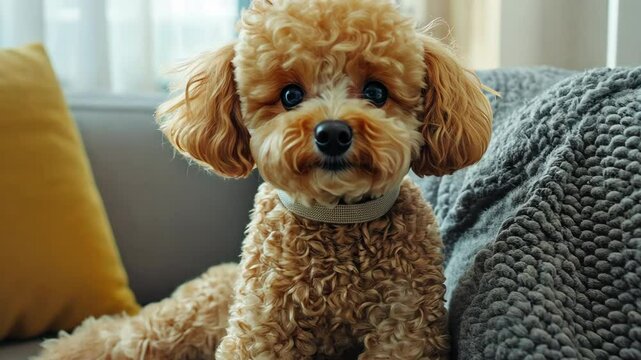 Fluffy curly brown toy poodle lounges comfortably on cozy sofa at home. Soft blanket and pillows, warm atmosphere. Cute pet lay on couch. Little intelligent tame dog.