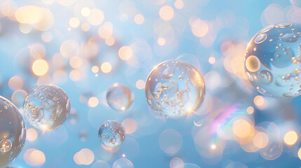  a serene, dreamy scene with floating transparent bubbles against a soft blue background The bubbles are detailed with reflections and hints of gold, and the backdrop includes a bokeh effect 