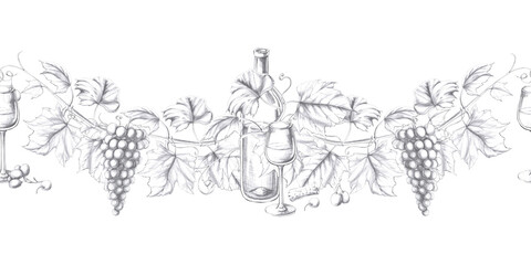 Seamless border with a bottle of wine entwined with grapes and glass. Isolated pencil illustration in a realistic style for the design of a bar card, printing on fabric, menu design, alcoholic.