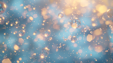  a serene, dreamy scene with floating transparent bubbles against a soft blue background The bubbles are detailed with reflections and hints of gold, and the backdrop includes a bokeh effect 