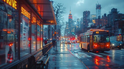 Rainy evening in the city with glowing street lights and a busy bus stop scene. Generative AI