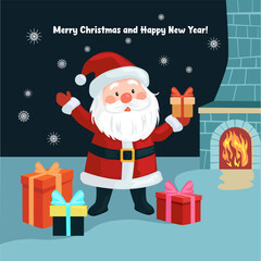 Santa Claus with Gifts by the Fireplace Holiday Illustration