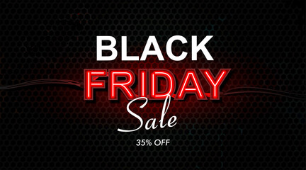 Black Friday. Big sale. Red neon gas light sign with words Black Friday. Neon tubes of red glow in retro styles with luminous letters and inscription Discounts. Creative discount template