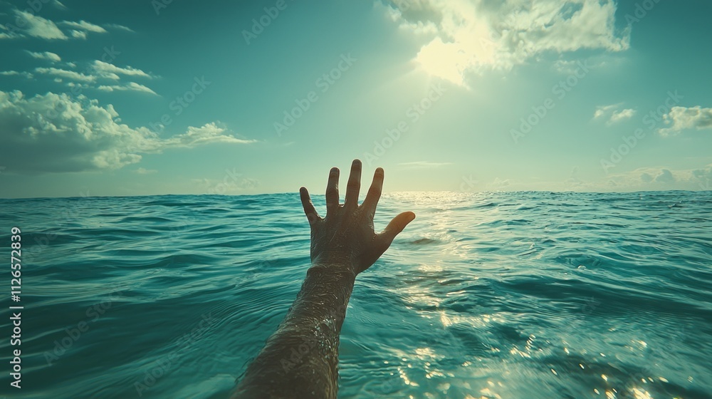 Poster a hand stretches out of the sparkling ocean, grasping for something elusive. the bright sun casts a 