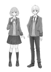 男子学生と女子学生の立ち絵セット(モノクロ)