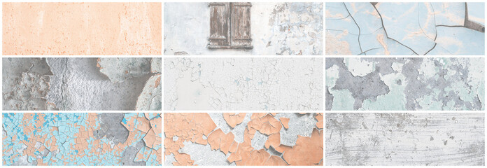 Set of panoramic background textures. Collection of wide textures with peeling paint, cracks, rust,...