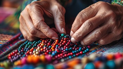 A close-up of hands arranging colorful beads and threads into a beautiful pattern on a fabric surface, representing the creative process of design.