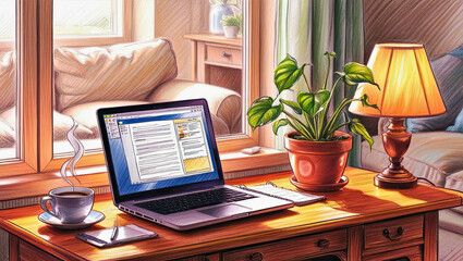 Fototapeta premium Home office setup computer living room digital workspace cozy environment creative concept