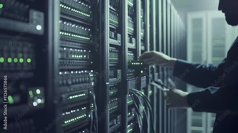 Poster a technician managing servers in a data center with illuminated indicators.