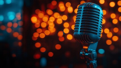 Vintage Microphone Close-Up with Dramatic Orange and Blue Bokeh Lights, Perfect for Music and Entertainment Concepts