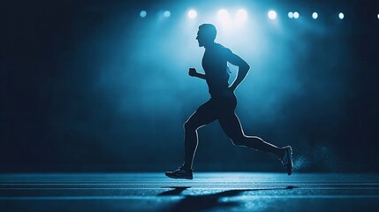 Obraz premium Silhouette of runner sprinting on track under bright lights.