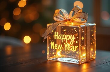 Square glass transparent gift, tied with a ribbon, in colors Mocha Mousse, bokeh background, on the gift there is an inscription in glowing gold letters Happy New Year