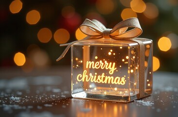 Square glass transparent gift, tied with a ribbon, in colors Mocha Mousse, bokeh background, on the gift there is an inscription in glowing gold letters Merry Christmas