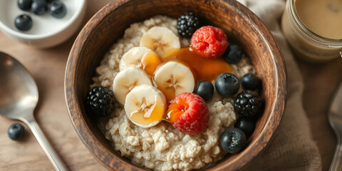   A beautifully styled photo of a healthy breakfast bowl.