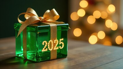 Square glass transparent gift, green, tied with a ribbon, bokeh background, on the gift there is an inscription with glowing numbers 2025