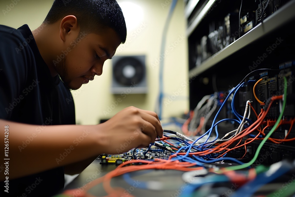 Poster a technician works on intricate wiring and circuit boards in a tech environment.