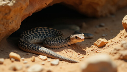 Fototapeta premium wallpapers A snake with distinctive patterns lying on the sandy ground under a rock, showcasing its natural habitat in the desert landscape. AI generated.